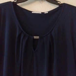 Large-Navy Blue 3/4 Length Sleeves Top with Embellished Neckline